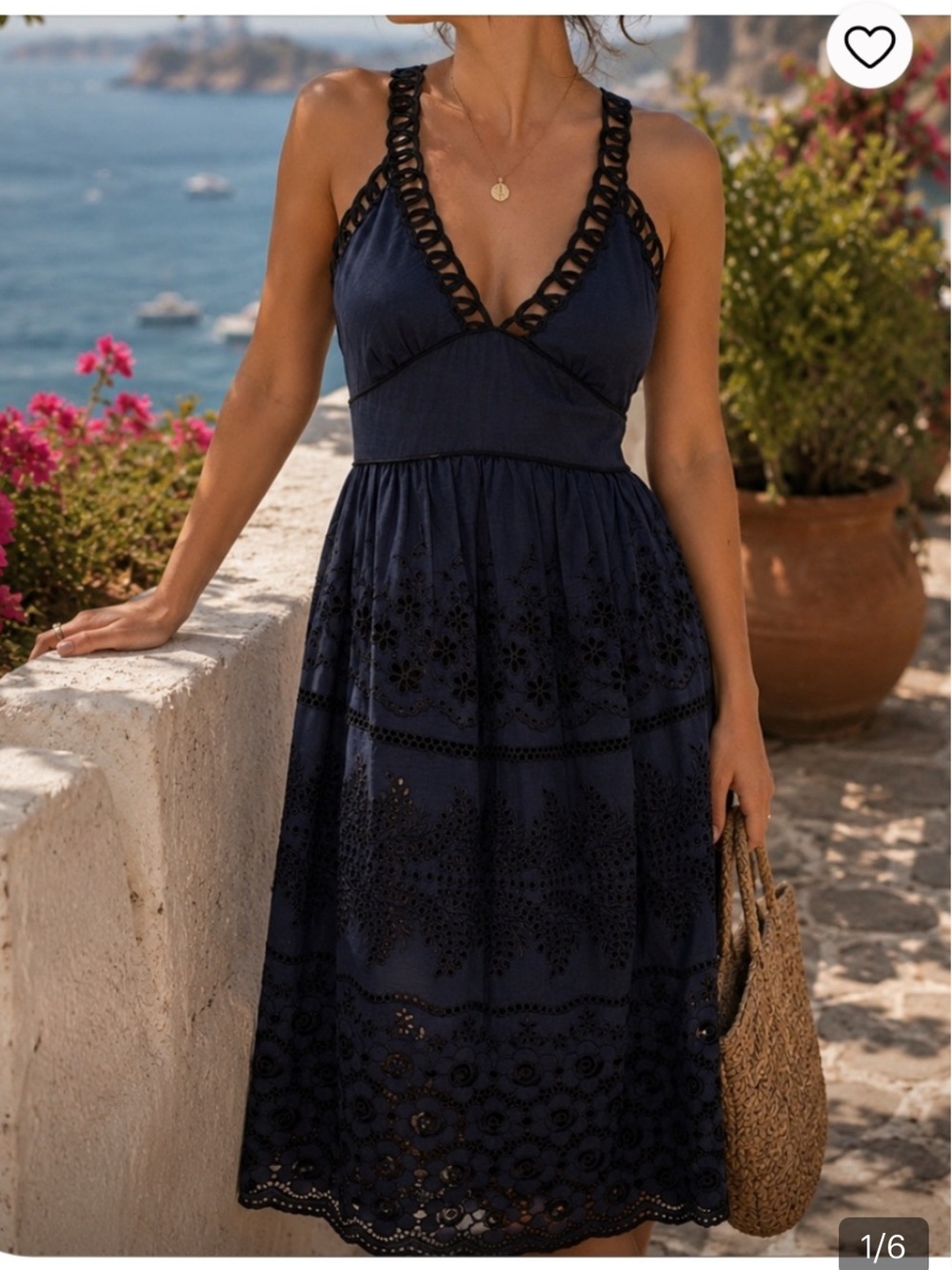 Cynthia Steffe Navy Eyelet Midi Dress with Crochet Trim Formal Wedding Guest 2